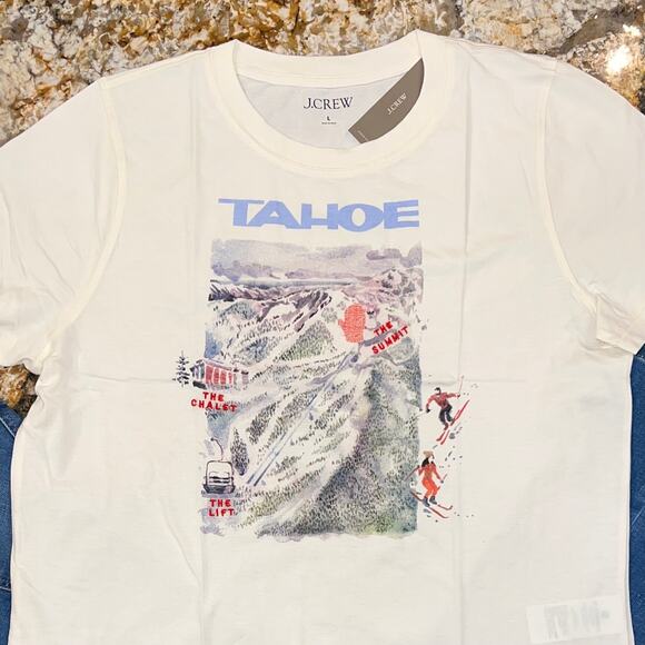 NWT J. Crew Ivory W/Tahoe Ski Resort Graphic Broken-in Jersey T-Shirt - Picture 4 of 9